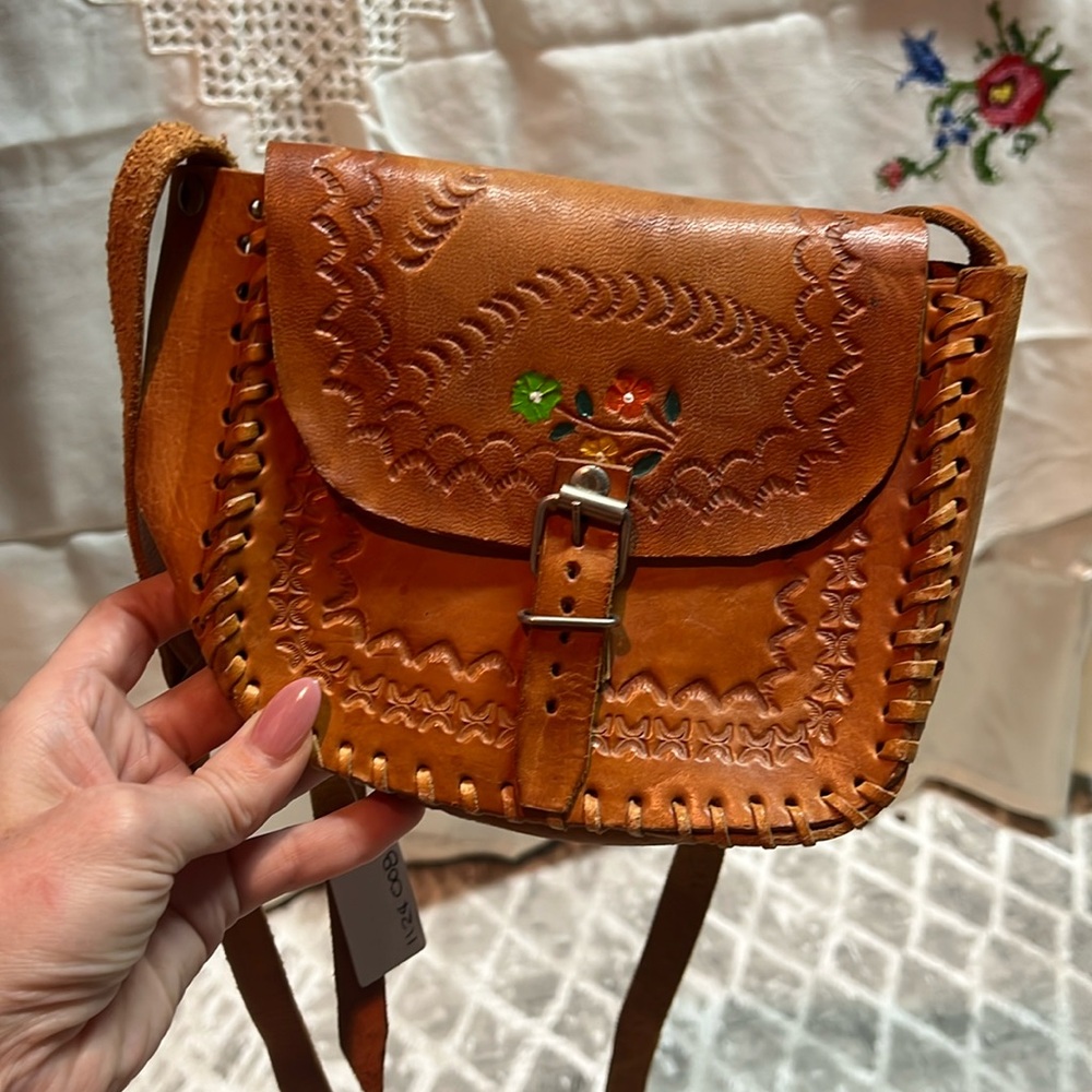 Vintage tan Boho embossed leather shoulder bag with adjustable strap